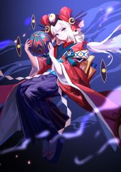 1girl absurdres ball blue_eyes bow doumeki_(onmyoji) eyeball female_focus full_body hair_ornament highres japanese_clothes kimono long_hair low_ponytail mole mole_under_eye onmyoji ponytail sandals solo white_hair yyb