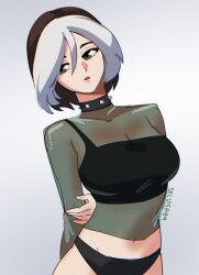 1girl breasts brown_hair choker colored_bangs green_eyes highres marvel multicolored_hair panties rogue_(x-men) see-through_clothes selvish94 smile solo two-tone_hair underwear white_hair x-men x-men_evolution