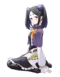 Rule 34 | 1girl, aisaka ll, black dress, black hair, black pantyhose, blue eyes, blush, breasts, capelet, closed mouth, dress, frilled dress, frills, from side, full body, futoku no guild, hair bobbles, hair ornament, hand on floor, highres, light smile, long bangs, looking at viewer, pantyhose, purple capelet, seiza, short hair, short twintails, sitting, small breasts, soles, solo, toes, tokishikko dana, twintails, white sleeves