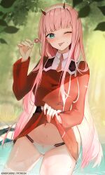 1girl :p absurdres blush breasts candy clothes_lift couple darling_in_the_franxx food green_eyes hairband highres holding holding_candy holding_food holding_lollipop horns kana_yukino light_particles lollipop long_hair looking_at_viewer medium_breasts military_uniform navel necktie one_eye_closed pink_hair red_horns skirt skirt_lift smile solo stomach thighs tongue tongue_out very_long_hair white_hairband zero_two_(darling_in_the_franxx)