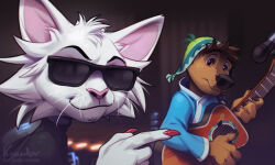 2boys angus_scattergood_(rock_dog) animal_ears artist_name black_sweater blue_shirt bodi_(rock_dog) brown_fur cat_boy cat_ears cat_nose claws commentary derivative_work dog_boy dog_nose english_commentary furry furry_male green_hat hat instrument kyander looking_at_object looking_at_viewer male_focus microphone multiple_boys music nail_polish playing_guitar playing_instrument rock_dog shirt sunglasses sweater twitter_username white_fur