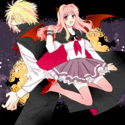 1boy 1girl black_cape blonde_hair brown_eyes cape eden_no_ori fake_horns fang horn_hairband horns long_hair neckerchief pink_hair pink_thighhighs pleated_skirt red_neckerchief red_shoes red_wings school_uniform segawa_saki shirt shoes skirt thighhighs vampire_costume wattant white_shirt wings yarai_kouichi