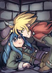 Rule 34 | 1boy, 1girl, absurdres, blonde hair, blue hair, blush, capelet, coat, commentary, dungeon, english commentary, gloves, green coat, grey eyes, hat, hat feather, highres, indoors, long hair, long sleeves, looking at another, lying, on back, on floor, original, red capelet, theolized, yellow eyes, yukadon
