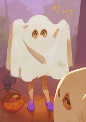 2girls alkemanubis black_cat blush cat child female_focus full_body ghost ghost_costume halloween halloween_bucket halloween_costume highres looking_at_viewer multiple_girls original outdoors trick_or_treat