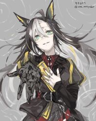 Rule 34 | 1girl, \||/, belt, black belt, black hair, blonde hair, collared shirt, dream journey (umamusume), glasses, grey hair, grey nails, highres, jewelry, long hair, long sleeves, multicolored hair, multiple rings, nail polish, necktie, puffy sleeves, reaching, reaching towards viewer, red necktie, red shirt, ring, semi-rimless eyewear, shirt, solo, streaked hair, uma motiyodor, umamusume, under-rim eyewear, very long hair