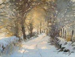 Rule 34 | bare tree, day, fence, nara watercolor, no humans, original, painting (medium), road, rope fence, scenery, shadow, snow, sunlight, traditional media, tree, watercolor (medium)