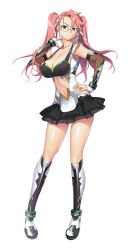 1girl armored_boots armored_gloves black_skirt boots breasts cleavage clothing_cutout collarbone crop_top crossover full_body glasses green_eyes hair_ribbon hand_on_own_hip highschool_of_the_dead large_breasts long_hair navel navel_cutout official_art pink_hair ribbon satou_shouji simple_background skirt stomach taimanin_(series) taimanin_rpgx takagi_saya thighs white_background white_ribbon