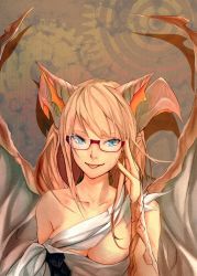 Rule 34 | 1girl, :p, adjusting eyewear, bespectacled, blonde hair, blue eyes, breasts, cleavage, collarbone, desuko, dragon girl, dragon horns, dragon wings, dress, female focus, gears, glasses, horns, large breasts, long hair, myr (p&amp;d), puzzle &amp; dragons, red-framed eyewear, scales, semi-rimless eyewear, shadow, solo, tongue, tongue out, under-rim eyewear, white dress, wings