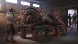 6+boys animal_ears animal_penis bandaged_arm bandages black_fur black_tank_top blood blue_scarf bottomless brick_wall brown_eyes brown_fur cleaning_rag clipboard collar digitigrade dog dog_ears dog_penis erection facing_another fox fox_ears fox_tail frown furry furry_male holding holding_shower_head hooves horse horse_penis jacket laughing locker locker_room looking_at_another lying male_focus medal mohawk multiple_boys non-web_source on_stomach on_table orange_fur original penis scar scar_on_shoulder scarf shower_head showering size_difference smile table tail tank_top testicles washing_another water white_jacket window zaush