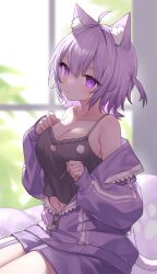 1girl absurdres ahoge animal_ear_fluff animal_ears blurry blurry_background camisole cat_ears cat_girl cat_tail closed_mouth commentary cotton_swab double-parted_bangs grey_camisole hair_between_eyes highres holding_cotton_swab hololive indoors jacket looking_at_viewer medium_hair midriff miyayoki navel nekomata_okayu nekomata_okayu_(membership) off_shoulder official_alternate_costume purple_eyes purple_hair purple_jacket purple_shorts short_shorts shorts sitting solo strap_slip tail two_side_up virtual_youtuber