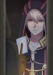 1boy 1other absurdres blakc_robe brown_eyes brown_gloves citronhsp collarbone fire_emblem fire_emblem_awakening gloves hair_between_eyes highres holding holding_paper hood hood_up male_focus male_robin_(fire_emblem) nintendo open_clothes open_robe paper robe shirt short_hair solo_focus white_hair white_shirt