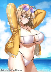 Rule 34 | 1girl, ahoge, anis (nikke), anis (sparkling summer) (nikke), arms behind head, beach, bikini, blonde hair, breasts, character request, covered erect nipples, cowboy shot, eyepatch bikini, eyewear on head, goddess of victory: nikke, hellandheaven, highres, huge breasts, jacket, jewelry, necklace, ocean, open clothes, open jacket, purple-tinted eyewear, sand, solo, sunglasses, sunglasses on head, swimsuit, tinted eyewear, water, weapon, white bikini, yellow eyes, yellow jacket