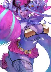 1girl absurdres big_hair bikini bikini_under_clothes blue_hair breasts cheerleader cleavage colored_skin curvy earrings fangs fate/grand_order fate_(series) fishnets gold_bikini gumi_(the_eye_of_darkness) hair_ornament highres horns huge_breasts ibuki_douji_(fate) ibuki_douji_(swimsuit_berserker)_(fate) ibuki_douji_(swimsuit_berserker)_(second_ascension)_(fate) jewelry looking_at_viewer miniskirt monster_girl necktie oni pink_hair pointy_ears pom_pom_(cheerleading) purple_skin revealing_clothes shiny_skin shoes skirt sneakers star_(symbol) swimsuit thighhighs wide_hips zettai_ryouiki