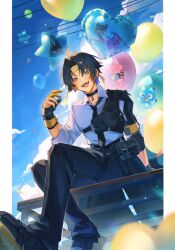 ahoge aqua_jacket asaba_harumasa balloon belle_(cat)_(zenless_zone_zero) black_cat black_choker black_gloves black_hair black_necktie black_pants black_shoes blue_cat blue_sky cat choker clothes_around_waist cloud cloudy_sky collared_shirt colored_shoe_soles gloves headband heart_balloon highres hoshimi_miyabi_(cat) jacket jacket_around_waist looking_at_viewer lyrie_luna necktie open_mouth pants parted_bangs partially_fingerless_gloves partly_fingerless_gloves pink_cat shirt shoes sitting sky sleeves_rolled_up smile solo soukaku_(cat) star_balloon thigh_strap tsukishiro_yanagi_(cat) white_shirt wise_(cat)_(zenless_zone_zero) yellow_eyes yellow_gloves yellow_headband yugake zenless_zone_zero