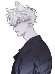 Rule 34 | 1boy, 4 tanb, adam&#039;s apple, animal ears, black shirt, cat boy, cat ears, closed mouth, from side, hair over one eye, highres, looking at viewer, male focus, mole, mole under eye, original, purple eyes, shirt, short hair, simple background, solo, upper body, white background, white hair