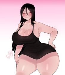 1girl black_dress black_hair blush breasts cinnabus cleavage dress gradient_background hair_between_eyes hand_on_own_hip highres huge_breasts long_hair mole mole_under_mouth narrowed_eyes one_eye_closed original pink_background pink_eyes second-party_source short_dress sleeveless sleeveless_dress solo two-tone_background white_background