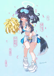 1girl animal_ears between_legs black_hair blue_archive blue_background blush breasts cheerleader crop_top dog_ears dog_girl dog_tail embarrassed eyewear_on_head full_body halo hand_between_legs have_to_pee hibiki_(blue_archive) hibiki_(cheer_squad)_(blue_archive) highres holding long_hair millennium_cheerleader_outfit_(blue_archive) miniskirt narumiya_(narumiya) navel nose_blush official_alternate_costume pom_pom_(cheerleading) shoes sidelocks skirt solo standing sweat tail