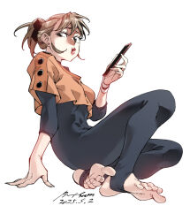 1girl :t artist_name black_bodysuit bodysuit breasts brown_eyes brown_hair cellphone dated eyelashes feet full_body hand_up highres holding holding_phone legs looking_at_viewer nabipenciller no_shoes on_ground original parted_lips phone ponytail short_ponytail short_sleeves signature simple_background sitting small_breasts smartphone soles solo stirrup_legwear toe_scrunch toeless_legwear toenails toes white_background