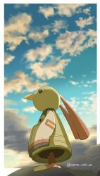 beak bird black_eyes blue_sky cloud creatures_(company) game_freak gen_2_pokemon highres morning nintendo no_humans on_rock pokemon pokemon_(creature) pokemon_focus sky solo standing standing_on_rock talons tororo_oishi_ym twitter_username xatu
