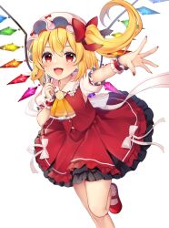 1girl ascot blonde_hair bow bow_skirt collared_shirt commentary_request crystal double-parted_bangs flandre_scarlet frilled_shirt_collar frills hair_between_eyes hair_bow hat hat_bow highres long_hair looking_at_viewer making-of_available mary_janes mob_cap one_side_up open_mouth outstretched_arm puffy_short_sleeves puffy_sleeves red_bow red_eyes red_nails red_shoes red_skirt red_vest ruhika shirt shoes short_sleeves simple_background skirt socks solo standing standing_on_one_leg touhou vest white_background white_bow white_hat white_shirt white_socks wings wrist_cuffs yellow_ascot