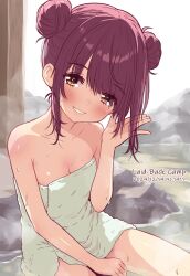 Rule 34 | 1girl, 2024, bare shoulders, blush, breasts, brown eyes, brown hair, cleavage, collarbone, copyright name, dated, day, double bun, grin, hair bun, head tilt, highres, jagi (jagi souken), looking at viewer, naked towel, onsen, outdoors, short hair with long locks, sidelocks, small breasts, smile, solo, toki ayano, towel, yurucamp