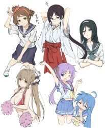 6+girls :3 ;d ? absurdres ahoge amagi_brilliant_park antenna_hair arms_up bikini black_hair blue_eyes blue_hair blue_sailor_collar blue_skirt braid breasts brown_hair brown_ribbon casyu_nut cleavage crossed_arms crossover glasses hair_bun hair_intakes hair_ornament hair_ribbon hairband hairclip hakama hakama_skirt highres hiiragi_kagami holding holding_pom_poms hyouka irisu_fuyumi izumi_konata japanese_clothes juumonji_kaho kamiyama_high_school_uniform_(hyouka) kimono looking_at_viewer lucky_star miko mole mole_under_eye multiple_crossover multiple_girls neckerchief one_eye_closed open_mouth orange_hairband pom_pom_(cheerleading) pom_poms purple_eyes purple_hair red_hakama ribbon ryouou_school_uniform sailor_collar sailor_shirt sawakiguchi_misaki school_uniform sento_isuzu serafuku shirt shoes simple_background skirt smile squeans stretching swimsuit uwabaki white_background white_hairband white_kimono yellow_eyes yellow_neckerchief