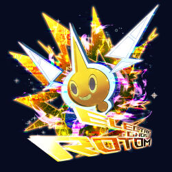 Rule 34 | blue eyes, character name, commentary request, dark background, english text, full body, gen 4 pokemon, glitch, highres, nintendo, no humans, pokemon, pokemon (creature), pokemon focus, rotom, rotom (normal), smile, teeth, yama neko 3