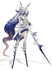 1girl blue_hair colored_skin commentary_request dress full_body grey_dress grey_hair grey_skin highres horns long_hair looking_at_viewer monster_girl no_feet original pink_eyes ruteko_(ruko220) shadow simple_background solo standing very_long_hair white_background