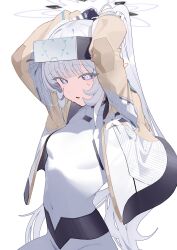 1girl absurdres adjusting_hair arms_up blue_archive bodysuit commentary covered_navel halo head-mounted_display highres himari_(blue_archive) himari_(bodysuit)_(blue_archive) long_hair looking_at_viewer mole mole_under_eye multicolored_halo open_mouth pointy_ears ponytail purple_eyes simple_background solo symbol-only_commentary white_background white_bodysuit white_hair white_halo zanya_000