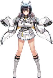 1girl :&lt; aiguillette animal_ear_fluff animal_ears armband belt black_armband black_belt black_gloves black_hair black_shirt bob_cut boots bracelet breasts buttons chain closed_mouth coat coat_on_shoulders collared_shirt crescent crescent_hair_ornament crossed_arms double-breasted full_body fur-trimmed_coat fur_trim game_cg gloves hair_ornament hairclip highres jacket jewelry knee_boots kneehighs last_origin leg_belt looking_at_viewer medium_breasts multiple_belts necklace necktie official_art pin pleated_skirt shirt short_hair shoulder_belt simple_background skirt skull_necklace socks solo spiked_bracelet spikes standing sun_symbol tachi-e taesi tag thick_eyebrows transparent_background uniform vargr_(last_origin) weapon white_boots white_jacket white_skirt wolf_ears yellow_eyes yellow_necktie