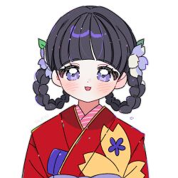 1girl :d artist_name black_hair blunt_bangs blush braid braided_hair_rings cardcaptor_sakura daidouji_tomoyo floral_print floral_print_kimono flower grey_outline hair_flower hair_ornament hair_rings highres japanese_clothes kimono looking_at_viewer open_mouth outline print_kimono purple_eyes red_kimono short_hair simple_background smile solo upper_body white_background yalmyu