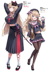 2girls absurdres arms_behind_head arms_up belt black_choker black_hat black_serafuku black_skirt blonde_hair blue_eyes breasts brown_pantyhose choker commentary_request crop_top crop_top_overhang fox_mask full_body hat highres junma_art katana large_breasts long_hair long_skirt long_sleeves looking_at_viewer mary_janes mask mask_on_head midriff multiple_girls navel neckerchief open_mouth original pantyhose pleated_skirt red_eyes red_neckerchief sailor_collar school_uniform serafuku shoes simple_background skirt small_breasts smile socks sword very_long_hair weapon white_background white_choker white_sailor_collar white_socks