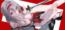 1girl bare_shoulders blush breasts cleavage goddess_of_victory:_nikke grey_hair highres ikuchan_kaoru japanese_clothes katana kimono large_breasts long_hair long_sleeves looking_at_viewer red_eyes sash scarlet_(black_shadow)_(longing_flower)_(nikke) scarlet_(black_shadow)_(nikke) scarlet_(nikke) sitting solo sword weapon white_kimono wide_sleeves