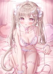 1girl animal_ear_fluff animal_ears bare_shoulders barefoot bed blonde_hair blush bow bowtie bra bracelet breasts cat_ears cat_girl cat_tail cleavage collarbone frills hair_between_eyes hair_bow hair_ornament highres indoors jewelry kohinata_hoshimi large_breasts long_hair looking_at_viewer open_mouth original panties parted_lips pillow pink_bra pink_eyes pink_panties solo tail twintails underwear very_long_hair wrist_cuffs
