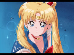 Rule 34 | 1990s (style), 1girl, bishoujo senshi sailor moon, blonde hair, blue eyes, blue sailor collar, brenni murasaki, choker, circlet, cosplay, crescent, crescent earrings, double bun, earrings, hair bun, heart, heart choker, jewelry, long hair, magical girl, meme, red choker, retro artstyle, sailor collar, sailor moon, sailor moon (cosplay), sailor moon redraw challenge (meme), sailor senshi uniform, solo, twintails, upper body
