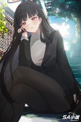 1girl absurdres black_hair black_jacket black_pantyhose black_skirt blue_archive blush crossed_legs hair_behind_ear hand_in_own_hair hayate_(1034853996) highres jacket looking_at_viewer pantyhose parted_lips red_eyes rio_(blue_archive) shirt skirt solo turtleneck turtleneck_shirt white_shirt