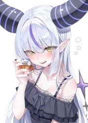 Rule 34 | 1girl, :d, absurdres, ahoge, alcohol, alternate costume, black horns, black shirt, blush, commentary request, cup, demon girl, demon horns, frilled shirt, frills, grey hair, hand up, highres, holding, holding cup, hololive, horns, ice, ice cube, la+ darknesss, lace, lace-trimmed shirt, lace trim, long hair, looking at viewer, multicolored hair, off-shoulder shirt, off shoulder, open mouth, piyokuma, pointy ears, purple hair, shirt, simple background, slit pupils, smile, solo, streaked hair, striped horns, tail, upper body, very long hair, virtual youtuber, white background, yellow eyes