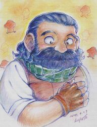 1boy bara beard character_background chilchuck_tims chilchuck_tims_(cosplay) colored_pencil_(medium) cosplay cropped_torso dungeon_meshi dwarf facial_hair fingerless_gloves gloves koputo_(shizukuaoi2012) long_beard male_focus mustache photo_(medium) sanpaku scarf senshi_(dungeon_meshi) solo tareme thick_eyebrows thick_mustache traditional_media walking_mushroom_(dungeon_meshi)