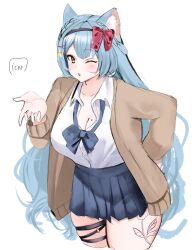 1girl 2024 bada_neko badaneko_art black_skirt blowing_kiss blue_hair blush breasts cat_girl cleavage flower_tattoo indie_virtual_youtuber large_breasts long_hair one_eye_closed self-portrait shirt skirt solo tattoo white_background white_shirt wink yellow_eyes