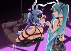 2girls absurdres animal_ears aqua_eyes aqua_hair arms_behind_back ball_gag bdsm blindfold blue_hair bound bound_arms bound_legs breasts drooling dual_persona egg_vibrator fake_animal_ears fake_tail fishnet_pantyhose fishnets gag gagged hatsune_miku heart high_heels highres leotard liangfangliangfangliang long_hair looking_at_another medium_breasts medium_hair multiple_girls pantyhose playboy_bunny rabbit_ears rabbit_hole_(vocaloid) rabbit_tail rope sex_toy shibari shibari_over_clothes spoken_heart strapless strapless_leotard suspension tail twintails variant_set very_long_hair vibrator vocaloid wiffle_gag yuri