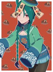 1girl absurdres bent_over braid cleavage_cutout clodsire clothing_cutout commentary_request cowboy_shot creatures_(company) flat_chest game_freak green_hair hat highres jiangshi jiangshi_costume long_hair low_twin_braids nintendo ofuda outline patterned_background pokemon pokemon_sv qingdai_guanmao red_eyes rika_(pokemon) riki_(inushima_) sleeves_past_fingers sleeves_past_wrists solo thigh_gap twin_braids