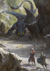 2boys animal_focus armor chinese_commentary commentary_request day dragon drawing_sword fake_horns green_eyes helmet highres holding holding_polearm holding_shield holding_sword holding_weapon horned_helmet horns how_to_train_your_dragon_(series) kang_meng multiple_boys outdoors painterly pauldrons polearm rock scales shield shoulder_armor signature slit_pupils spear standing sword tail toothless watermark weapon weibo_watermark wings