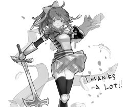 1girl armor bad_id bow breastplate cat closed_mouth commentary_request feathers feet_out_of_frame fingerless_gloves gloves greyscale hair_bow holding holding_sword holding_weapon lala_(sputnik) long_hair looking_at_viewer lord_knight_(ragnarok_online) miniskirt monochrome pauldrons ragnarok_online shoulder_armor simple_background skirt smile solo spica_parfait sword thank_you thighhighs weapon