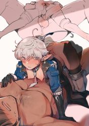 2boys absurdres adventurer_(ff14) alphinaud_leveilleur anus ass ass_grab black_gloves byefrog clothed_male_nude_male elezen elf facial_hair final_fantasy final_fantasy_xiv gaping gaping_anus gloves head_out_of_frame highres huge_penis hyur imminent_anal imminent_penetration lying male_ass multiple_boys necktie nipples nude on_back pectoral_grab pectorals penis pointy_ears ponytail puffy_chest small_penis smile spread_anus spread_ass straddling stubble testicles trap uncensored warrior_of_light_(ff14) yaoi