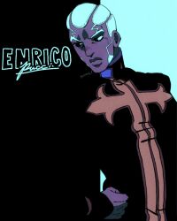 1boy aqua_theme black_eyes buzz_cut cassock character_name commentary dark-skinned_male dark_skin english_commentary enrico_pucci hand_on_own_hip high_collar highres jojo_no_kimyou_na_bouken long_sideburns looking_to_the_side male_focus mrrohansensei priest robe short_hair sideburns solo stone_ocean upper_body very_short_hair