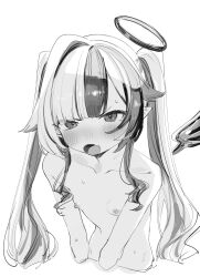 1girl blush cropped_torso greyscale halo highres long_hair looking_at_viewer monochrome multicolored_hair nipples open_mouth original pointy_ears signalviolet simple_background sketch solo streaked_hair twintails white_background