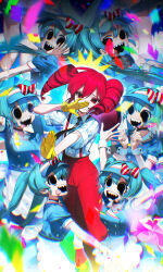 6+girls absurdres apron black_choker black_eyes black_necktie blue_dress blue_hair bow choker clone collared_shirt commentary confetti crazy crying dress drill_hair gloves grin hatsune_miku highres kasane_teto long_hair looking_at_viewer mesmerizer_(vocaloid) multiple_girls necktie paldu pants puffy_short_sleeves puffy_sleeves red_bow red_eyes red_hair red_pants sharp_teeth shirt short_sleeves sleeves_rolled_up smile striped_bow striped_clothes striped_shirt suspenders sweat symbol-only_commentary teeth tongue tongue_out twin_drills twintails utau visor_cap vocaloid waist_apron white_apron white_bow white_shirt wrist_cuffs yellow_gloves