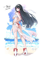 Rule 34 | 1girl, absurdres, ass, astra yao, beach, bikini, black hair, blue sky, bracelet, cloud, dated, day, from behind, hairband, hand on own hip, high heels, highres, horizon, jewelry, kneepits, long hair, lsf (805661342), mismatched bikini, ocean, outdoors, parted bangs, pearl bracelet, red-tinted eyewear, red eyes, ruffle bikini, shoes, side-tie bikini bottom, signature, sky, solo, sunglasses, swimsuit, thong bikini, tinted eyewear, white hairband, white shoes, zenless zone zero