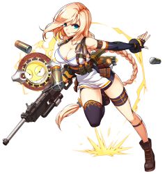 1girl absurdres asymmetrical_legwear black_gloves black_thighhighs blonde_hair blue_eyes bracelet braid breasts cleavage collarbone elbow_gloves elsword female_focus fingerless_gloves freyja_(elsword) full_body gloves gun highres holding holding_gun holding_weapon jewelry long_hair low-tied_long_hair medium_breasts official_art one_eye_closed ress riffle rifle rose_(elsword) single_braid solo thigh_strap thighhighs transparent_background uneven_legwear very_long_hair weapon