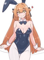 1girl absurdres animal_ears black_ribbon blush brown_hair detached_collar fake_animal_ears girls&#039;_frontline girls&#039;_frontline_2:_exilium green_eyes hair_between_eyes heart highres leaning_back leotard long_hair looking_at_viewer nikukabe pantyhose playboy_bunny rabbit_ears ribbon sidelocks_tied_back solo springfield_(girls&#039;_frontline) strapless strapless_leotard wrist_cuffs